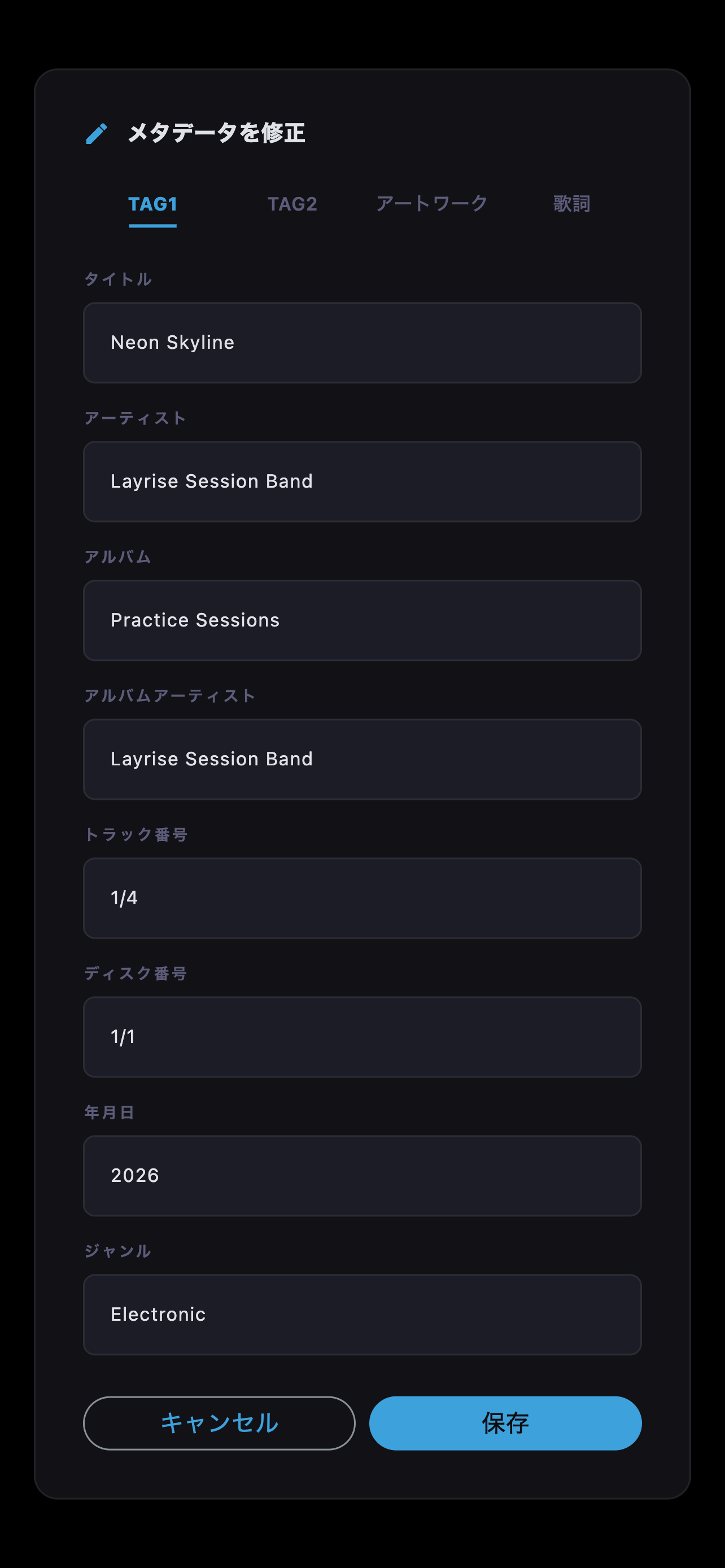 タイトルやアーティストなどの基本情報を開いたメタデータ編集画面