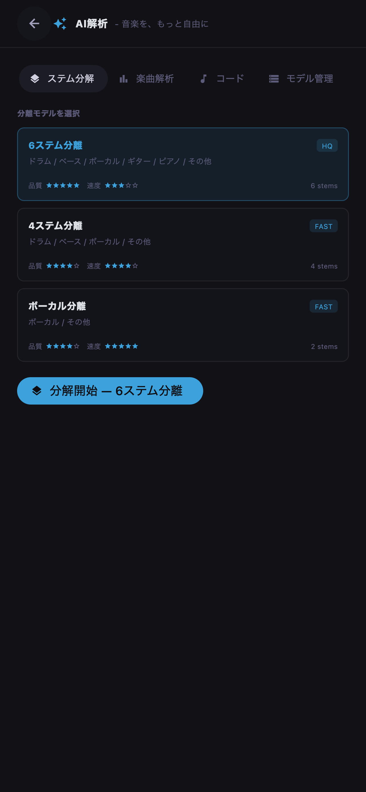 必要なパート数と品質に合わせて分離モデルを選びます。