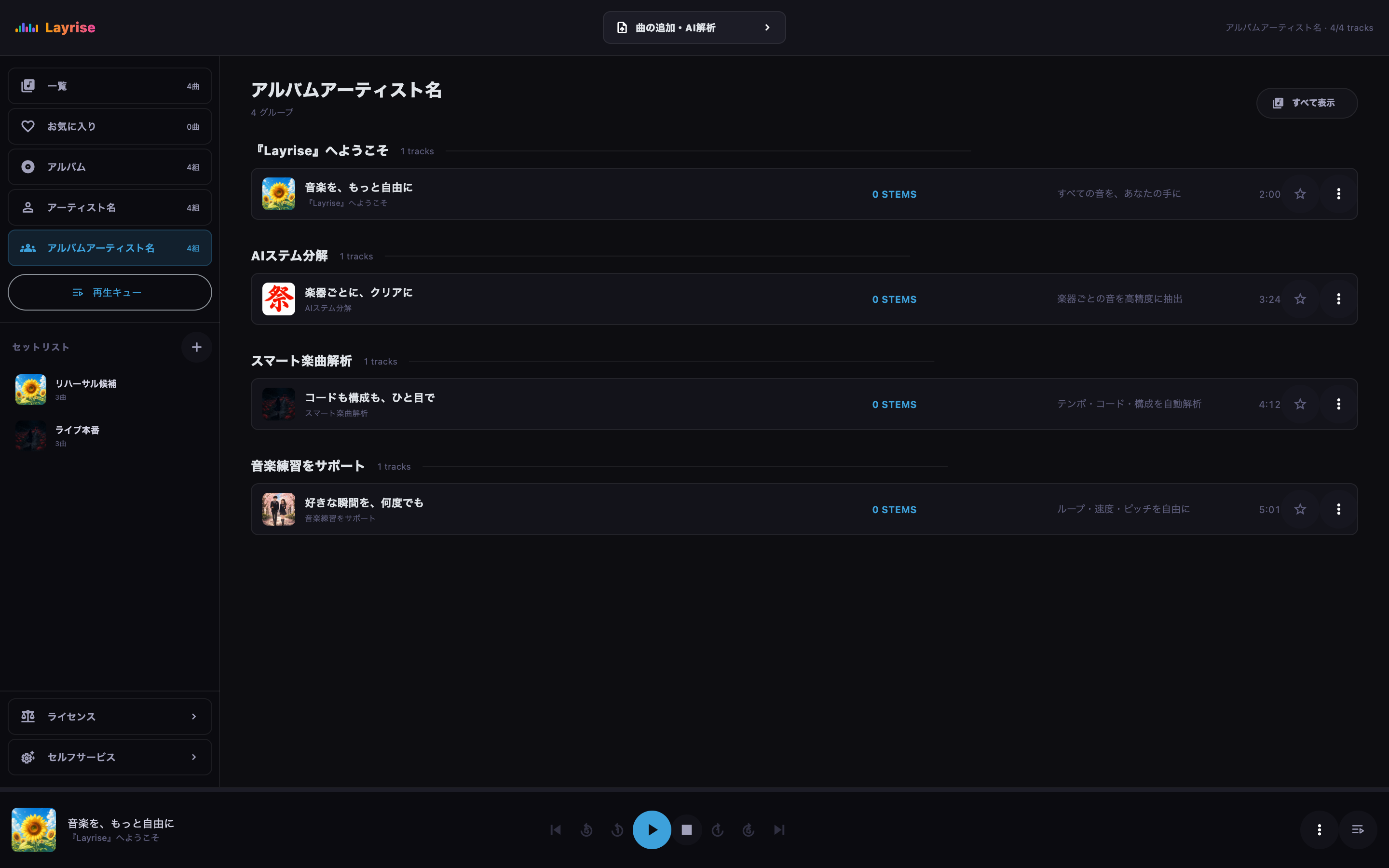 アルバムアーティスト単位でグループ化したライブラリ画面